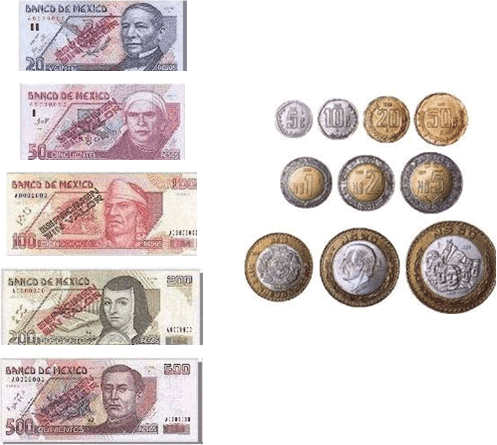 Mexican Bills and coins